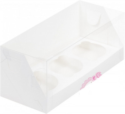 Коробка под 3 капкейка 240*100*100  с пластиковой крышкой (белая)