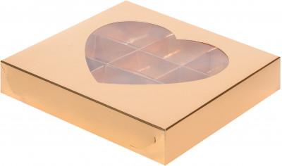 Коробка для конфет 155*155*30мм с окном сердце (золото) 9 ячеек